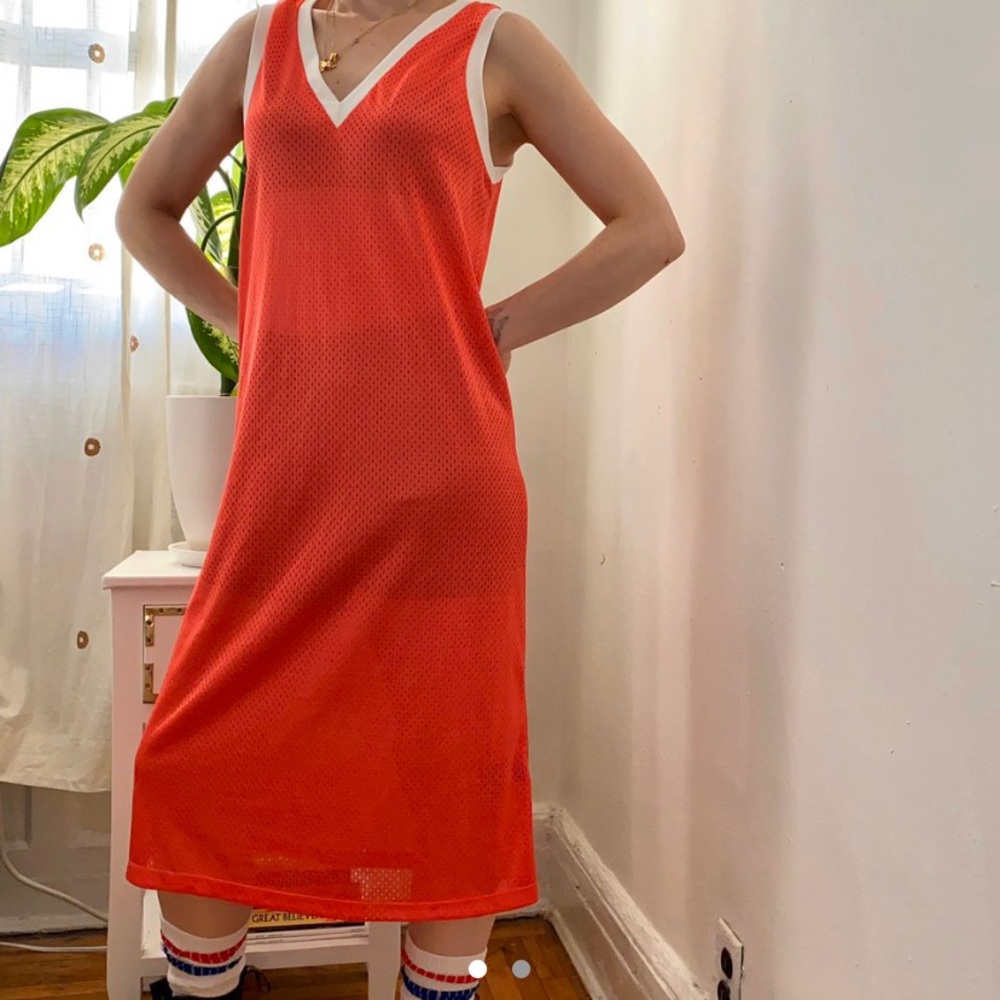 Red mesh midi jersey dress, XS